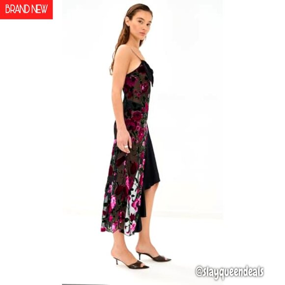Floral Devor Slip Dress with Satin Trim, Midi Length, Bias Cut - Picture 6 of 7